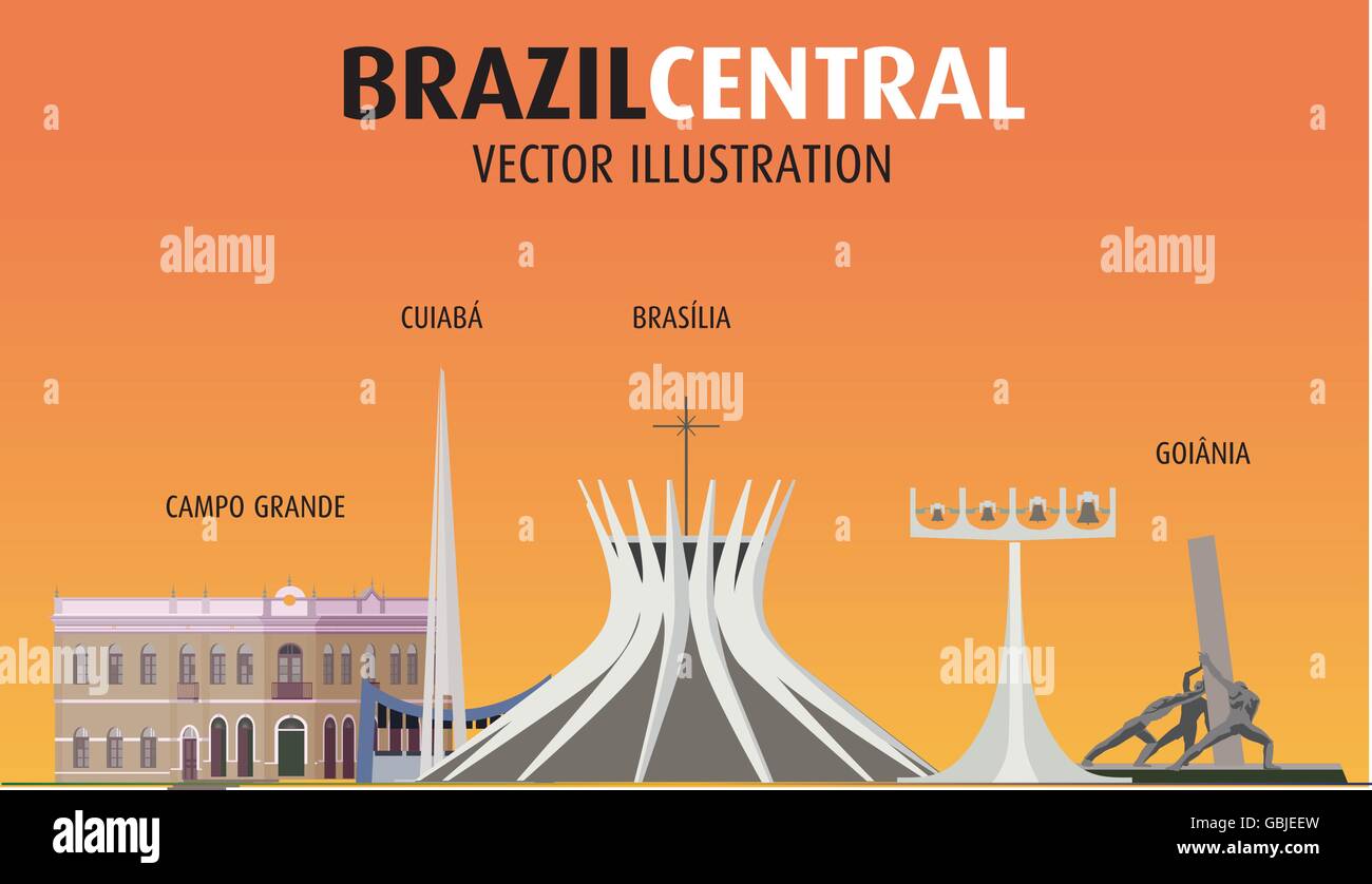 Immagine vettoriale di attrazioni di città del Brasile centrale. Illustrazione Vettoriale