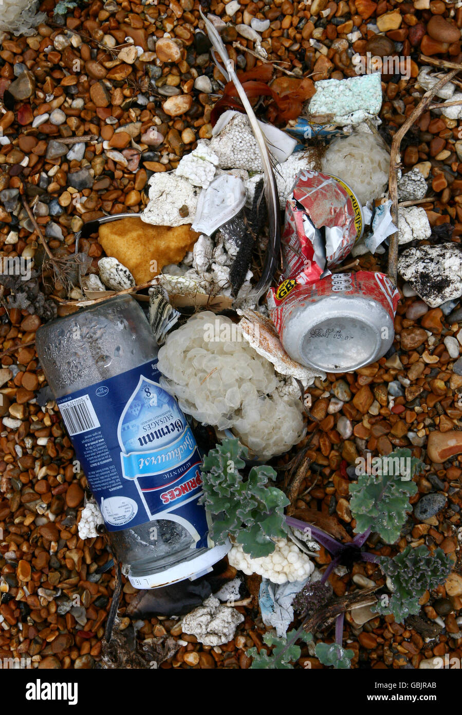 Rifiuti lasciati su una spiaggia a dover, Kent, come la quantità di rifiuti sulle spiagge del Regno Unito ha raggiunto il suo più alto livello mai, secondo un sondaggio. Foto Stock