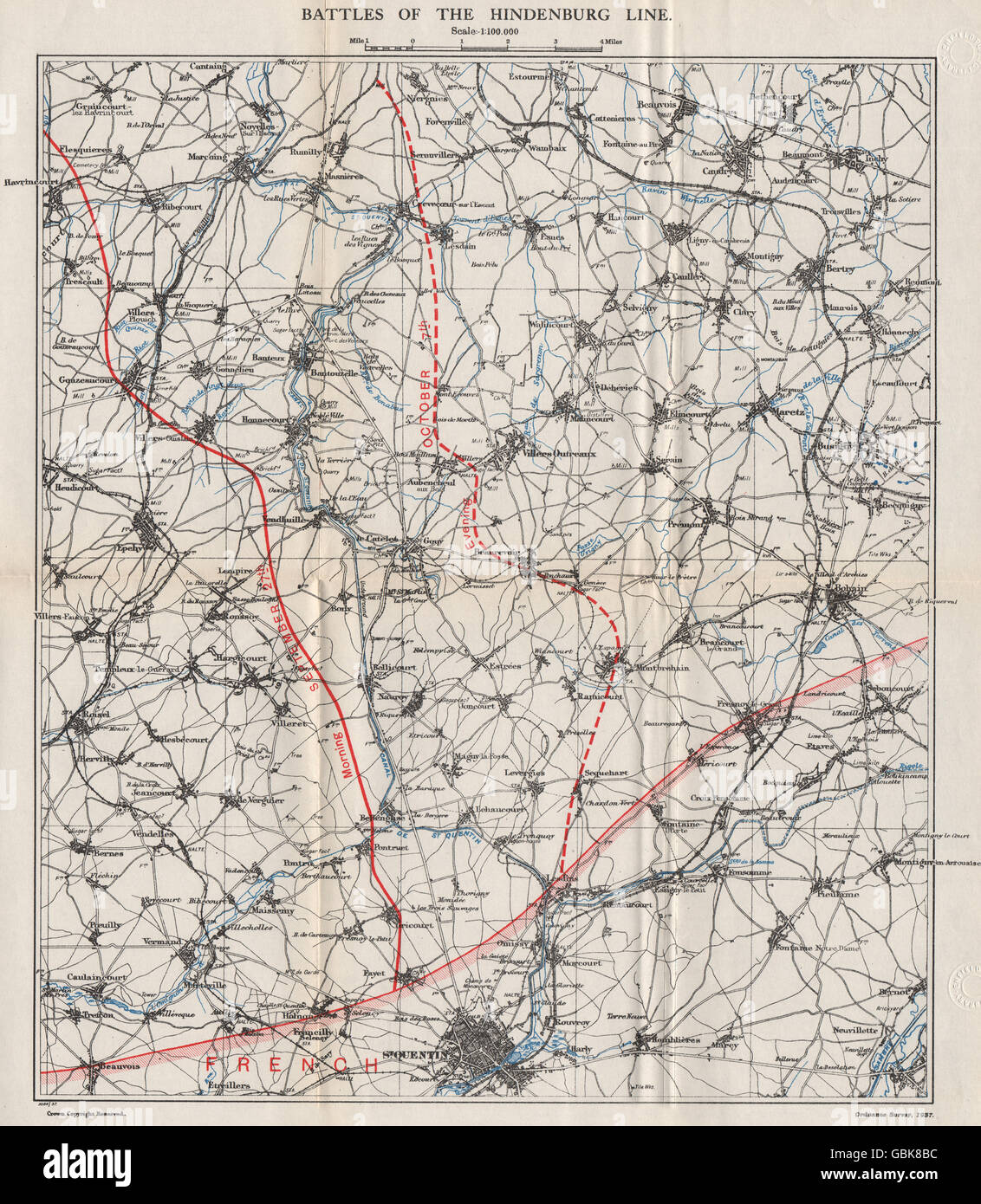 WW1 FRONTE OCCIDENTALE: battaglie della linea Hindenburg, Sept-Oct 1918, 1937 mappa vecchia Foto Stock