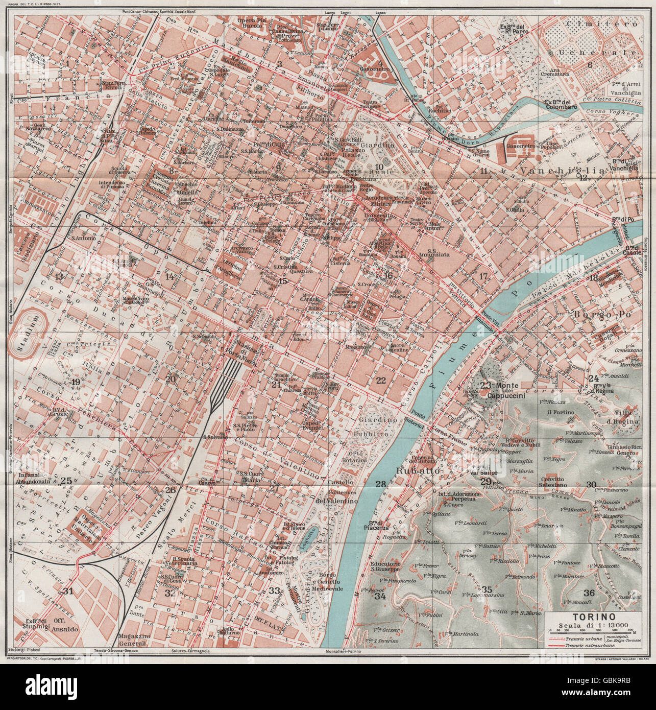 Torino Torino. Vintage town mappa della città piano. L'Italia, 1924 Foto Stock