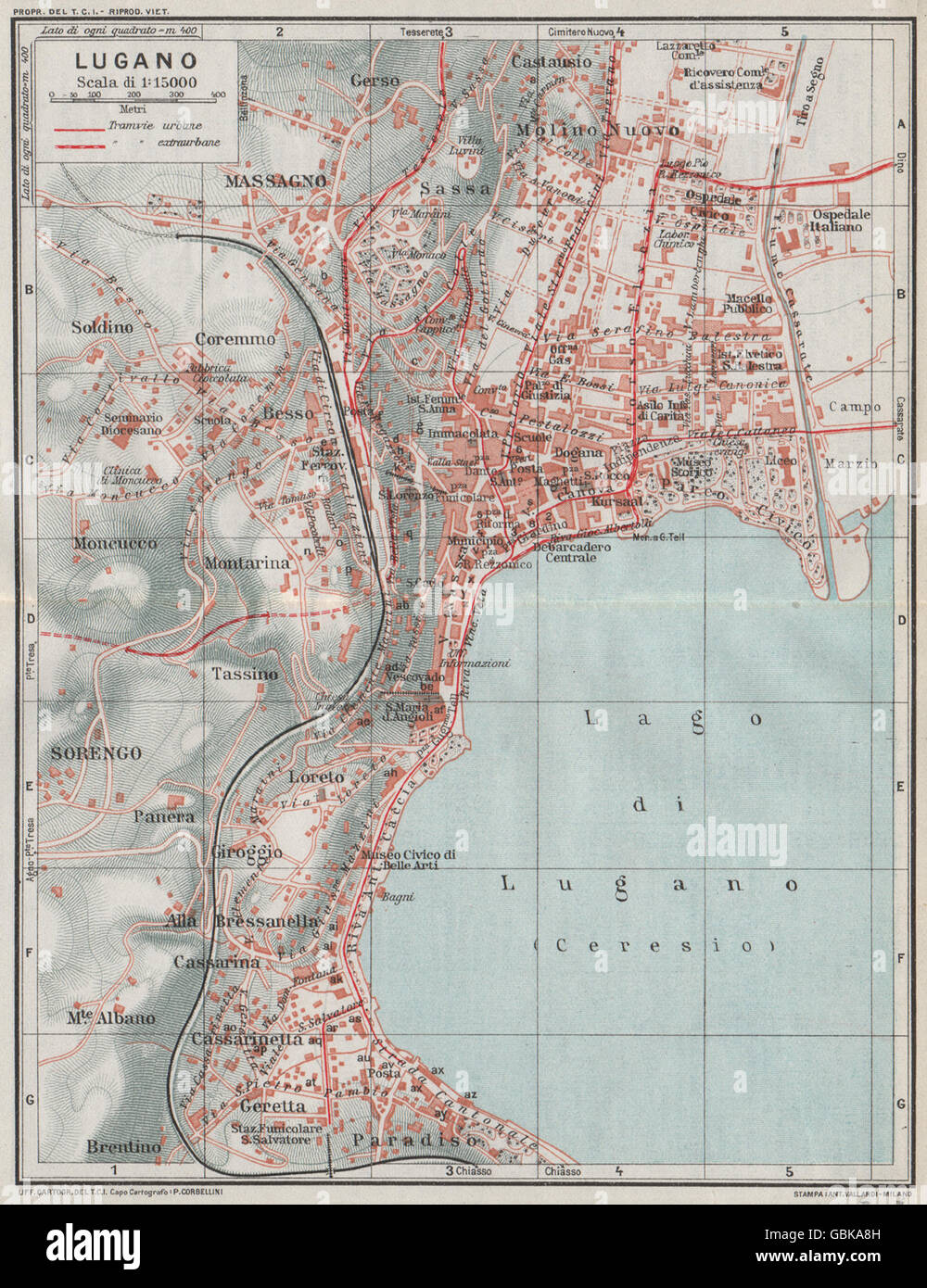 LUGANO. Vintage town mappa della città piano. La Svizzera, 1924 Foto Stock