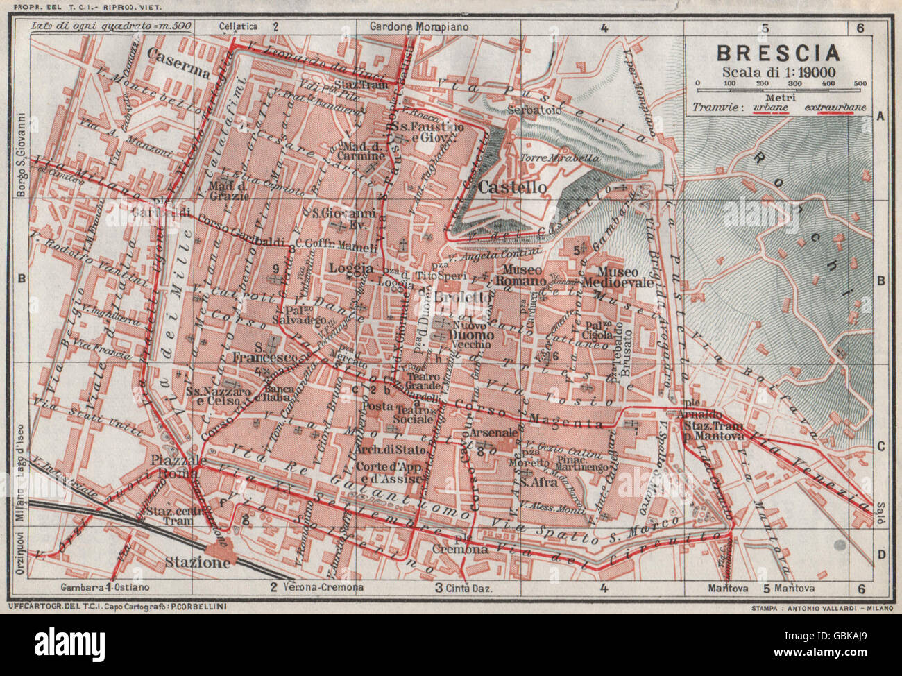 BRESCIA. Vintage town mappa della città piano. L'Italia, 1924 Foto ...
