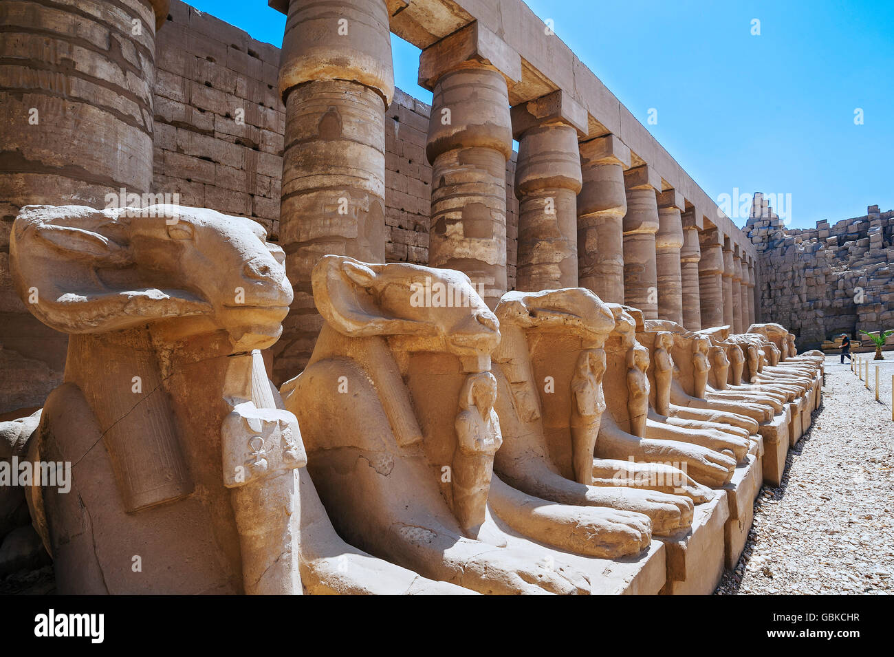 Avenue di ram-guidato sfingi di Tempio di Karnak, Karnak Luxor Egitto Foto Stock