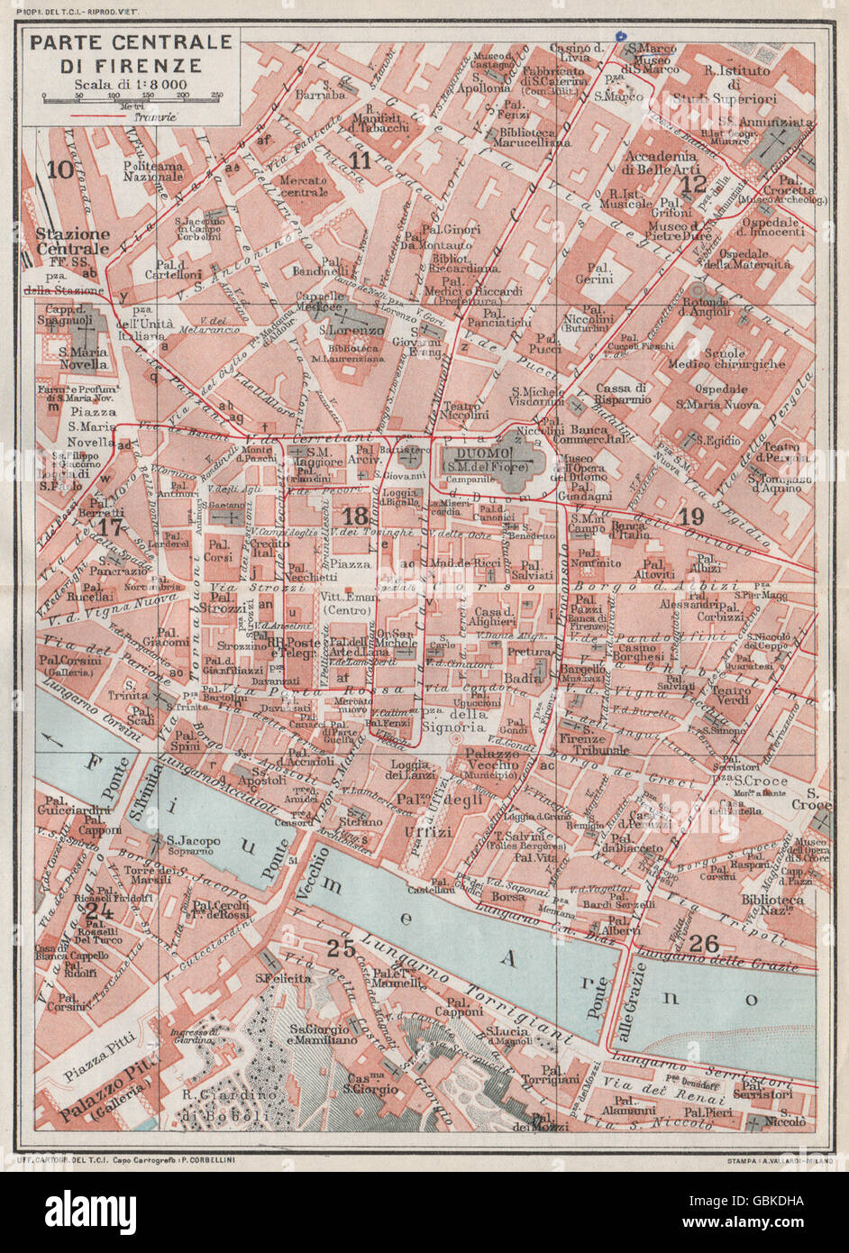 Centrale di Firenze Firenze. Vintage town mappa della città piano. L'Italia, 1924 Foto Stock