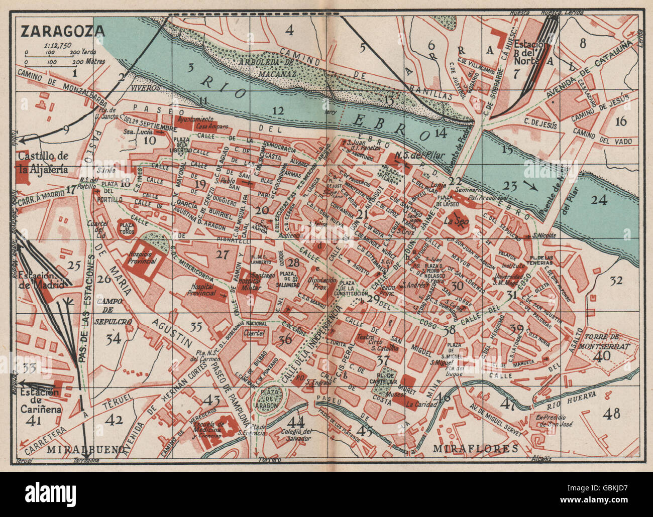 Saragozza. Vintage town mappa della città piano. Spagna, 1930 Foto Stock