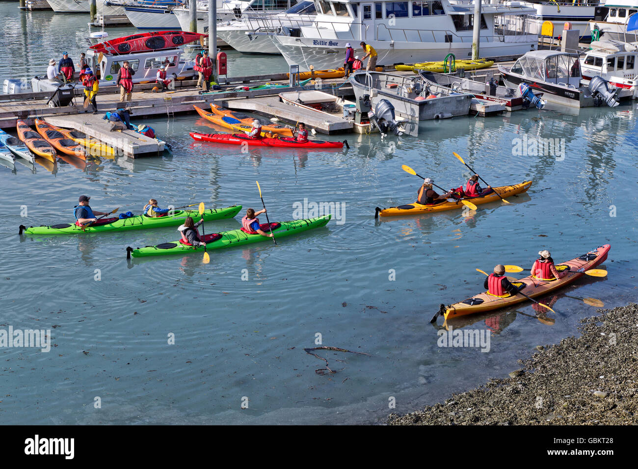 Kayakers, indossando marcia sicurezza uscire Porto di Valdez. Foto Stock