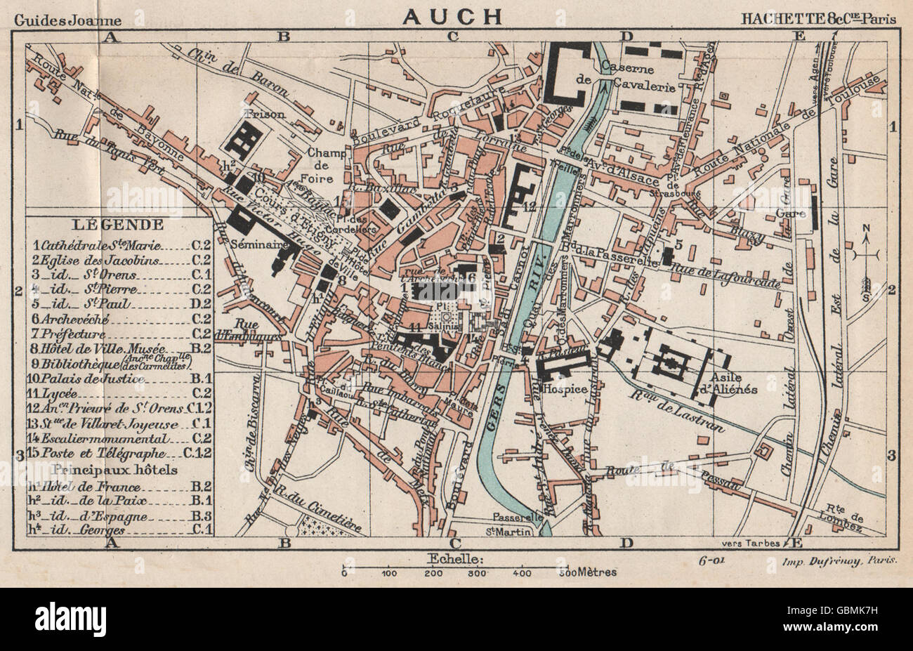 AUCH. Vintage town city ville piano mappa carte. Gers, 1899 Foto Stock