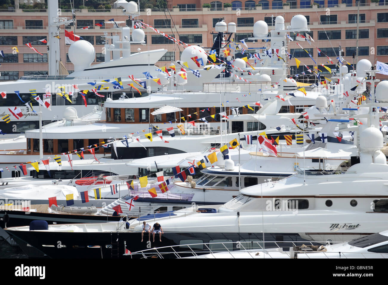 Formula uno - Fashion Show - Amber Lounge - le Meridien Beach Plaza Hotel. Vista sul porto di Monaco, Francia Foto Stock