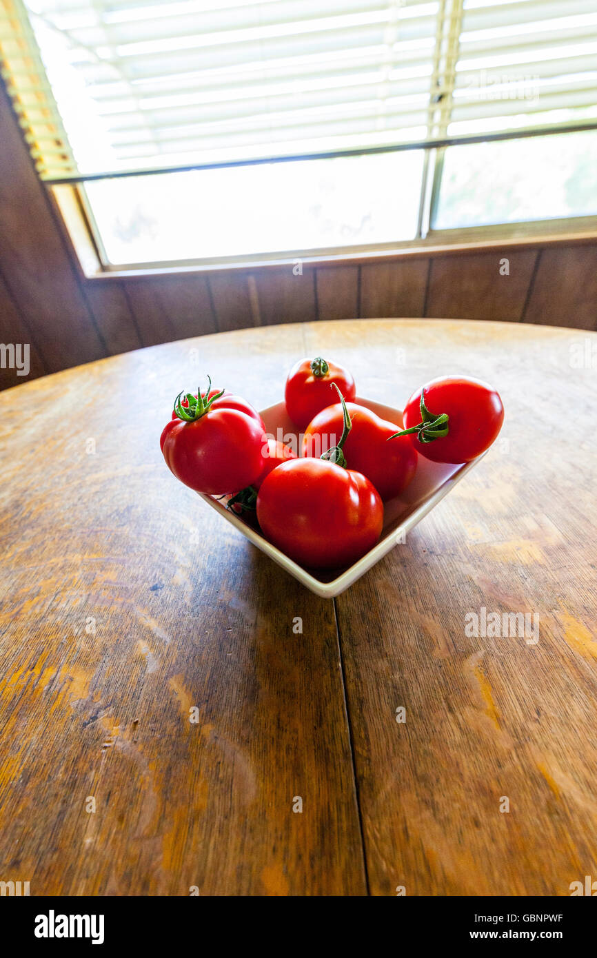 Una ciotola di ripe rosso pomodori cresciuti in casa su un tavolo backit dalla luce solare Foto Stock