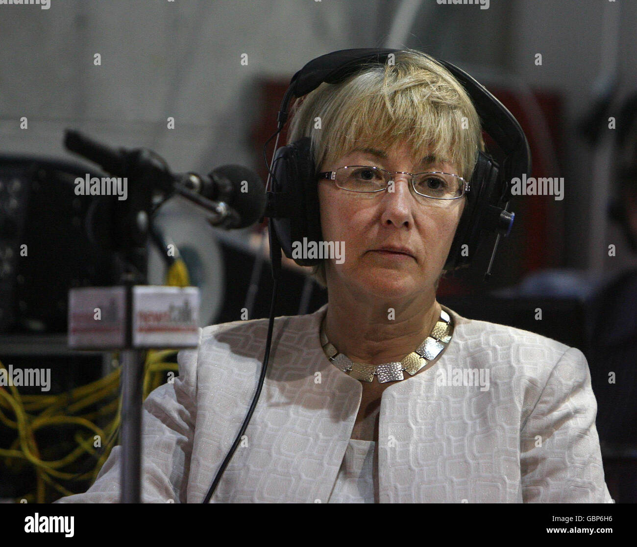 Il ministro degli Affari sociali e della Famiglia Mary Hanifin ascolta come il conteggio è fatto oggi alle elezioni europee alla RDS a Ballsbridge, Dublino. Foto Stock