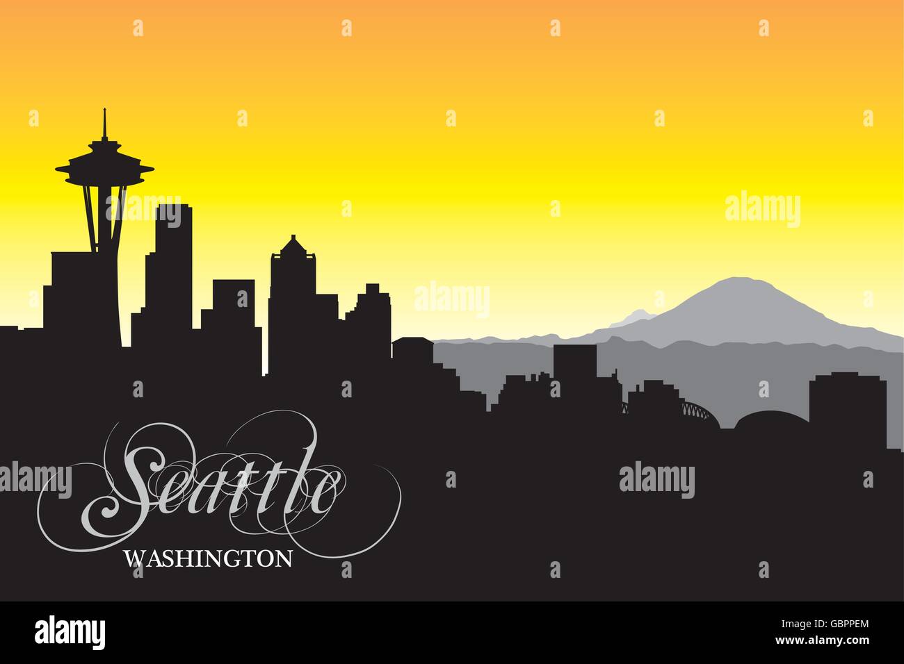 Seattle skyline della città in bianco e nero silhouette Illustrazione Vettoriale