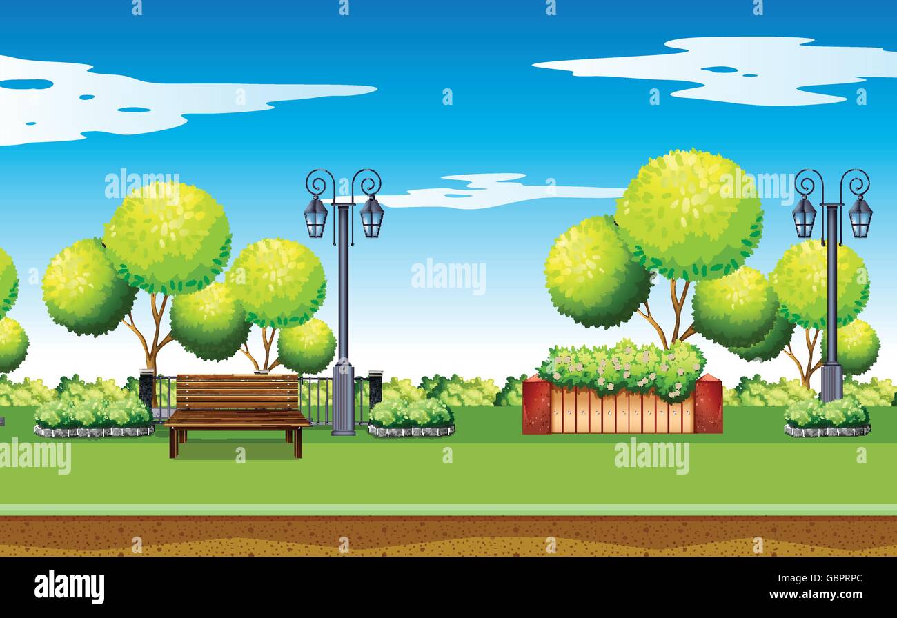 Scena di parco pubblico con panca e lampade illustrazione Illustrazione Vettoriale