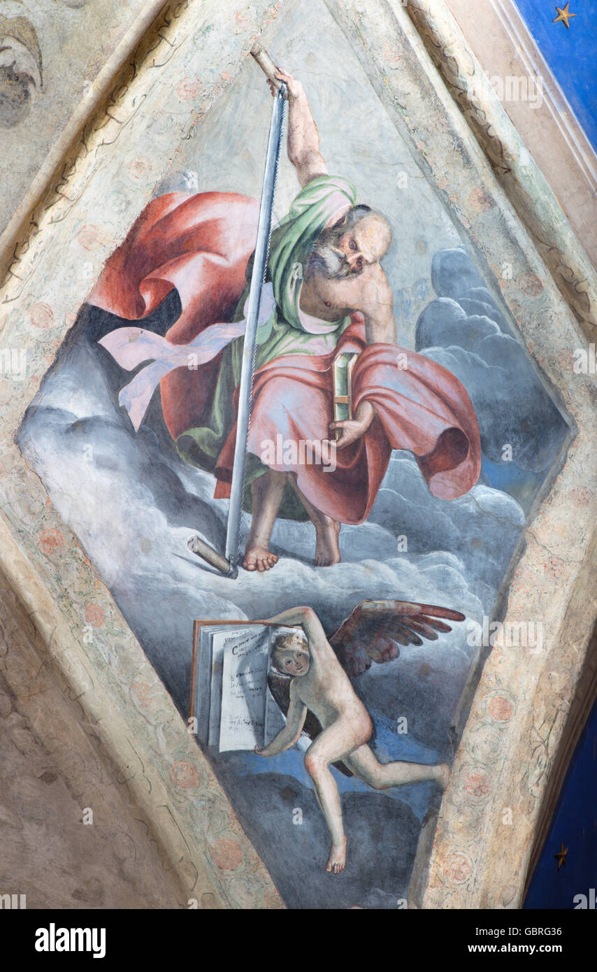 BRESCIA, Italia - 21 Maggio 2016: il soffitto dipinto di San Giacomo il minore nella Chiesa del Santissimo Corpo di Cristo Foto Stock