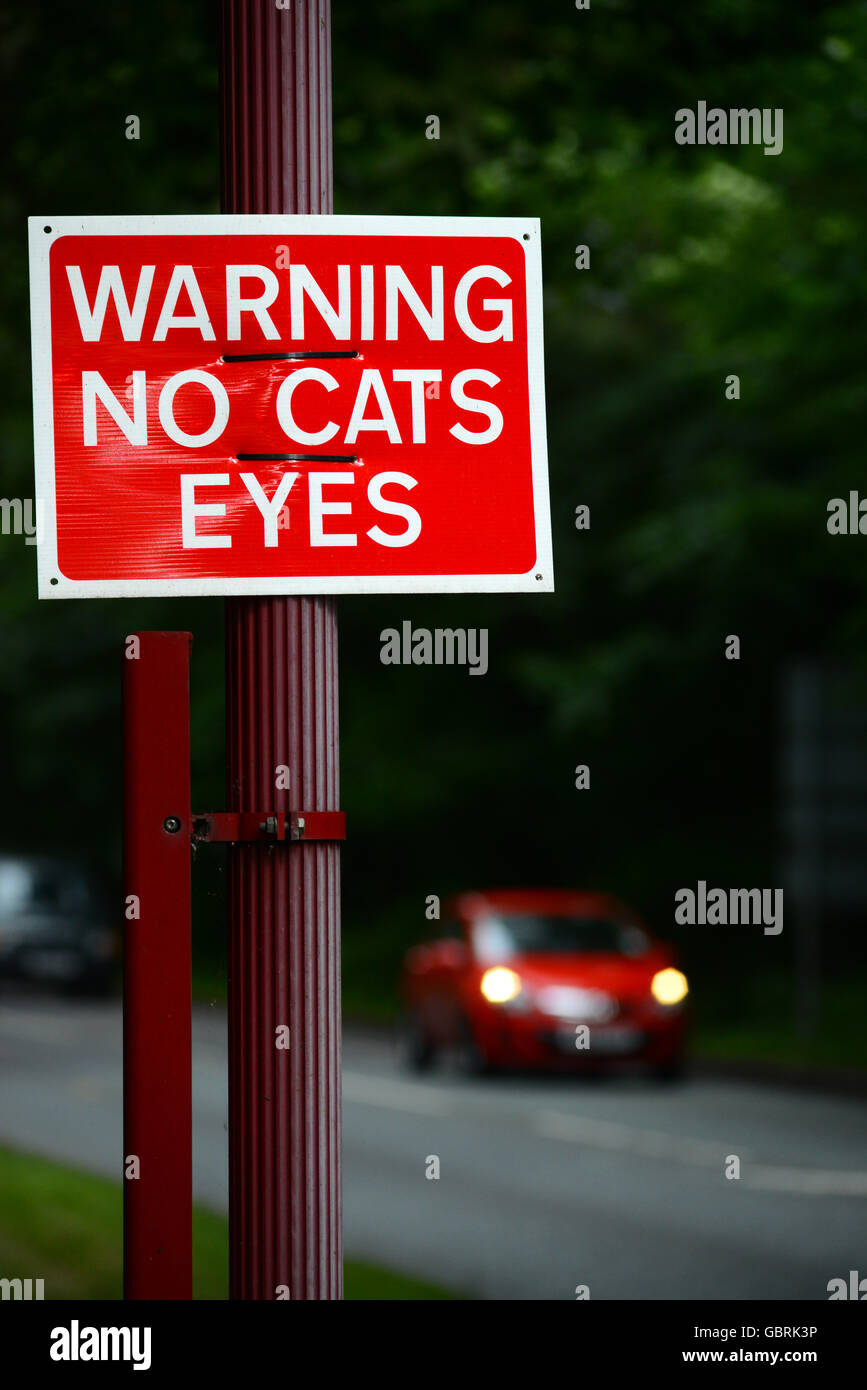 Il traffico che passa senza gatti occhi segno di avvertimento sulla strada al tramonto, Leeds Yorkshire Regno Unito Foto Stock