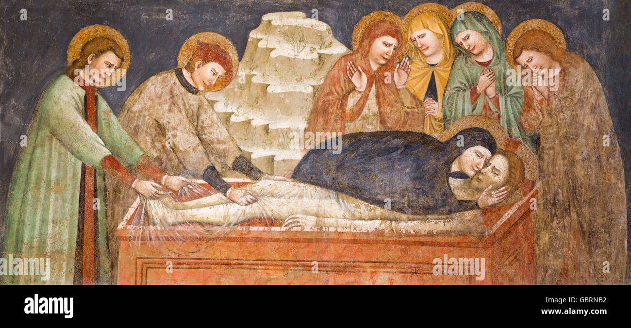 BRESCIA, Italia - 22 Maggio 2016: l'affresco gotico della sepoltura di Gesù nella Chiesa di San Francesco d'Assisi Di artista sconosciuto Foto Stock