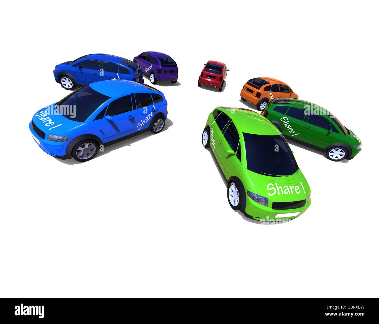 3D Render Image che rappresenta un cerchio di colore diverse vetture con segno di condivisione su di esso. Foto Stock