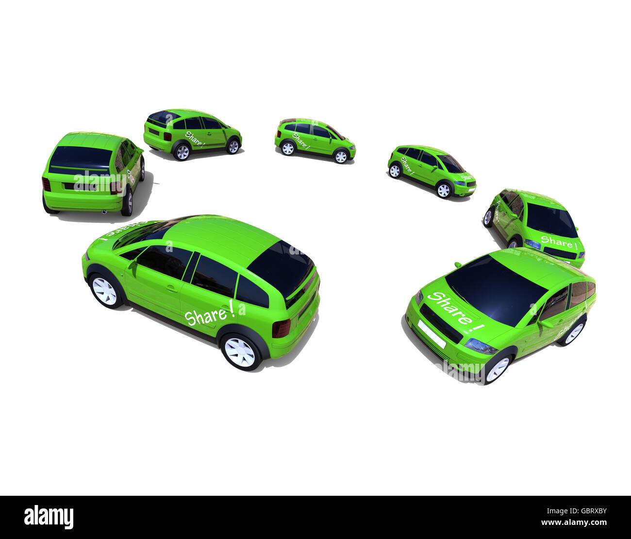 3D Render Image che rappresenta un cerchio di colore verde auto in rappresentanza di car sharing concept. Foto Stock