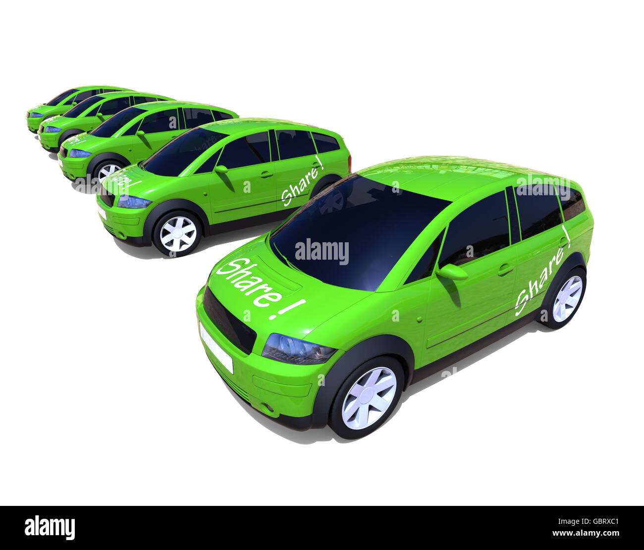 3D Render Image che rappresenta una fila di automobili verde che rappresenta un car sharing concept. Foto Stock