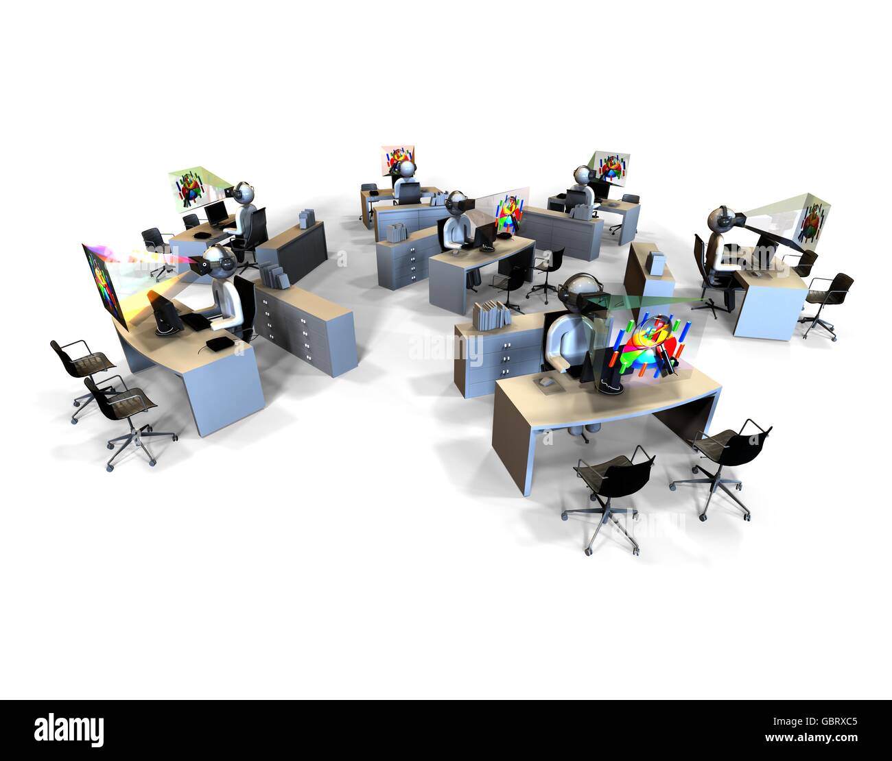 3D Render Image che rappresenta un ufficio con i datori di lavoro utilizzando occhiali per realtà virtuale. Foto Stock