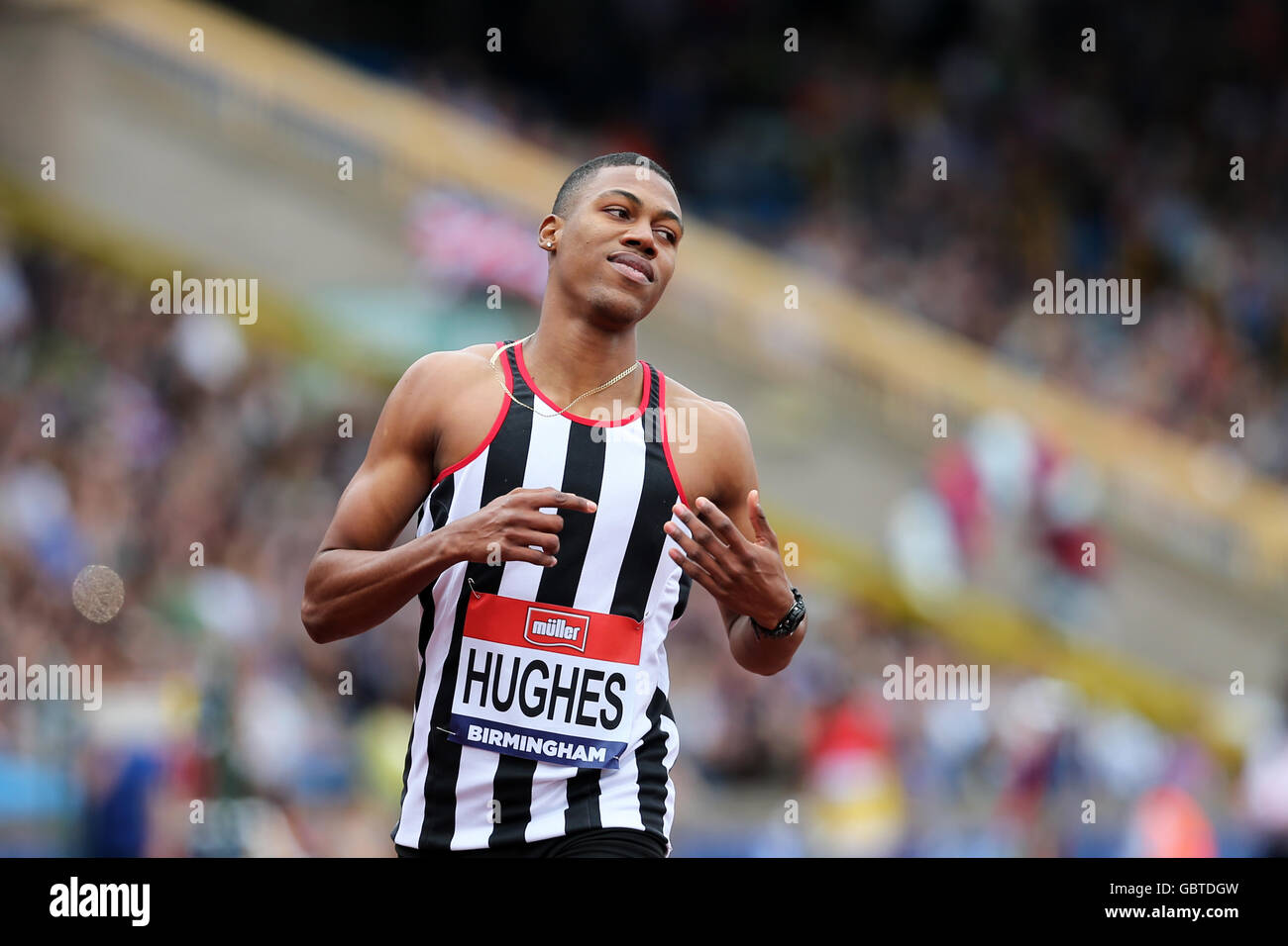 Zharnel HUGHES, Uomini 200m calore 3, 2016 del Campionato Britannico; Birmingham Alexander Stadium Regno Unito. Foto Stock