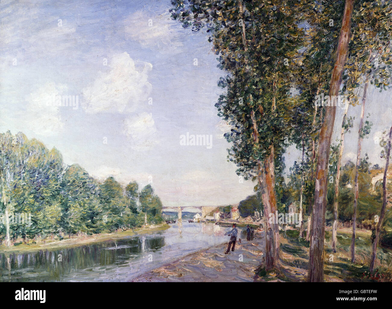 Belle arti, Sisley, Alfred, (1839 - 1899), pittura, 'Le tournant du Loing", 1892, olio su tela, 65 x 92 cm, il museo di arte moderna di Barcellona, Spagna, Foto Stock
