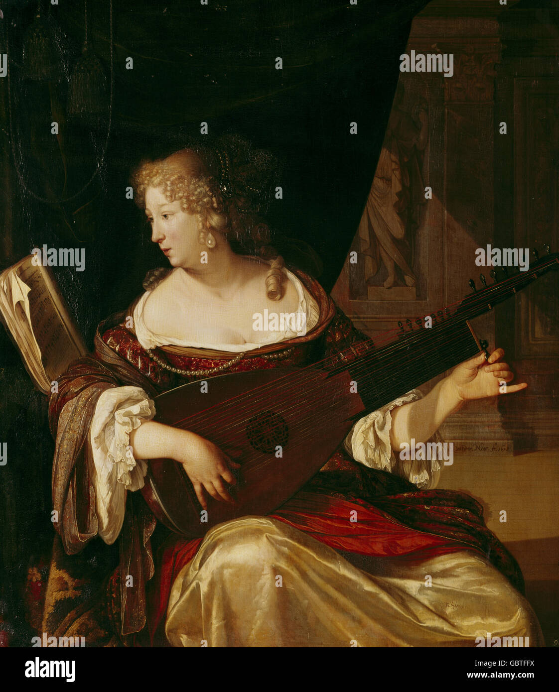 Kunst, Neer, Eglon Hendrick van der (1634 - 1703), pittura, "liuto tuning donna", olio su pannello, 1678, Alte Pinakothek di Monaco di Baviera Foto Stock