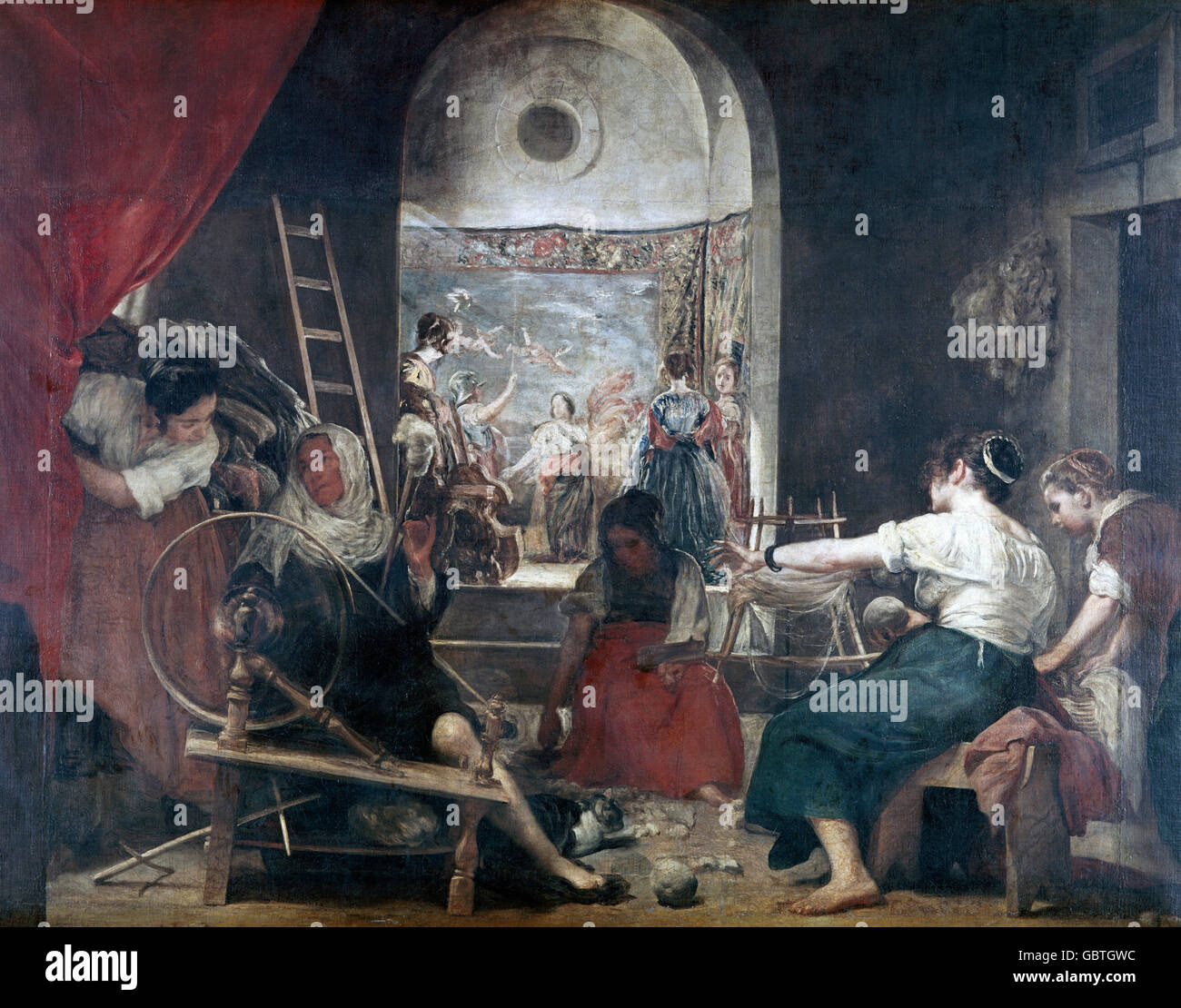 Belle arti, Velazquez, Diego Rodriguez de Silva y (1599 - 1660) dipinto 'Las Hilanderas' (filatrici), 1644 - 1648, olio su tela, 220 x 289 cm, Prado, Madrid, Foto Stock