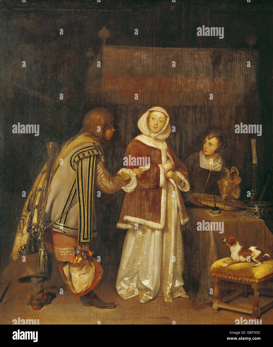 Belle arti, Terborch, Gerard (1617 - 1681), pittura, 'Lettera', olio su pannello in legno, 46 x 46 cm, circa 1655, Alte Pinakothek di Monaco di Baviera Foto Stock
