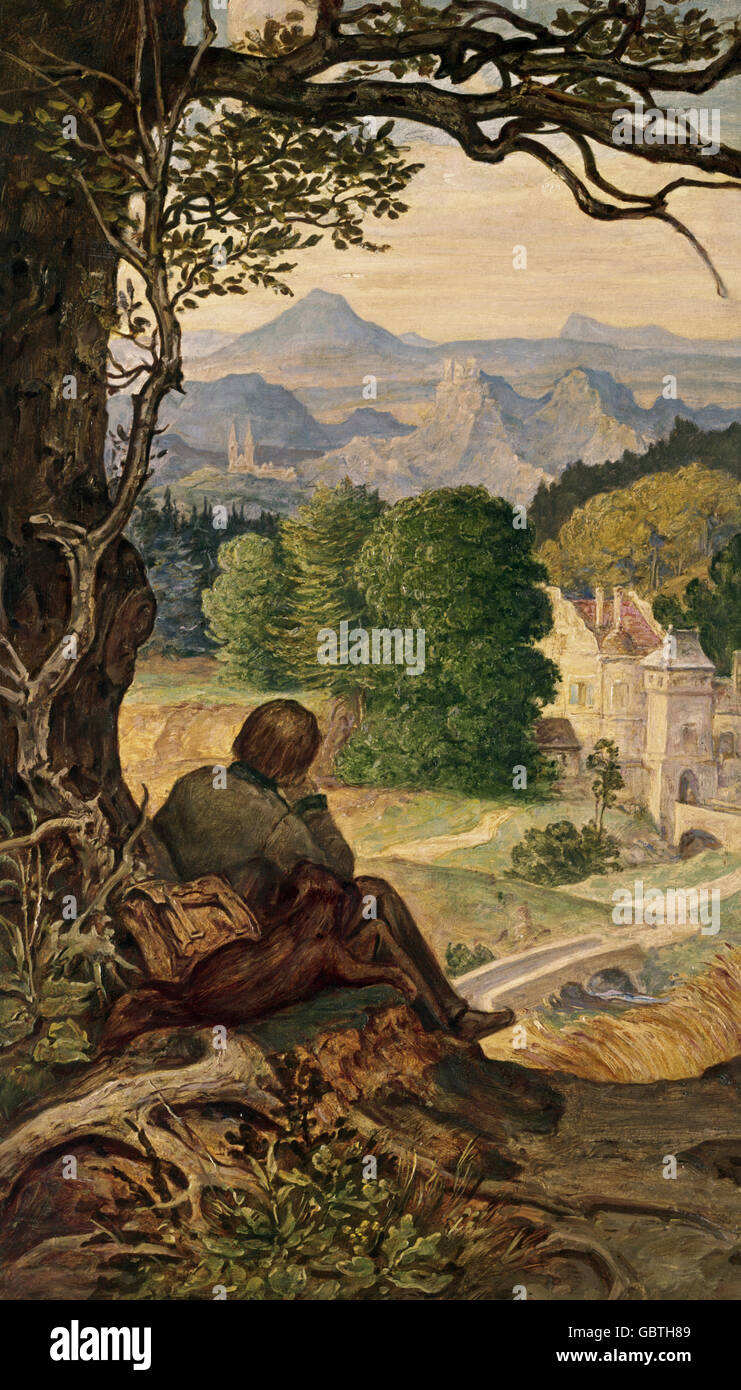 Belle arti, Schwind Moritz von (1804 - 1871), pittura, 'sul tramp' ('Auf Wanderschaft'), olio su legno, circa 1860, Galleria Schack, Monaco di Baviera, Foto Stock