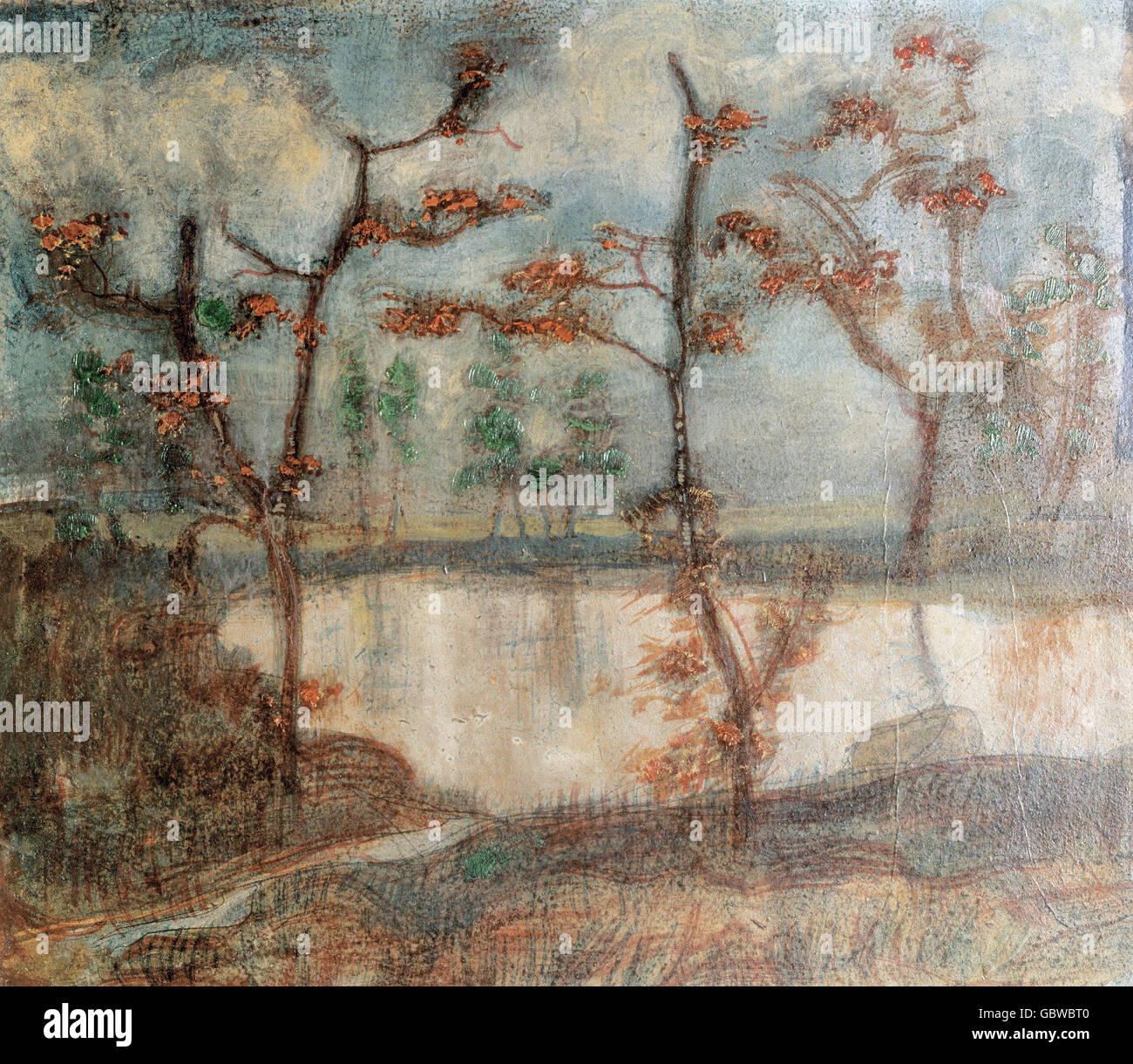 Belle arti, Klee, Paolo, (1879 - 1940), pittura, "Autunno paesaggio con lago e alberi", olio su cartone, 28,5 cm x 32,5 cm, Foto Stock