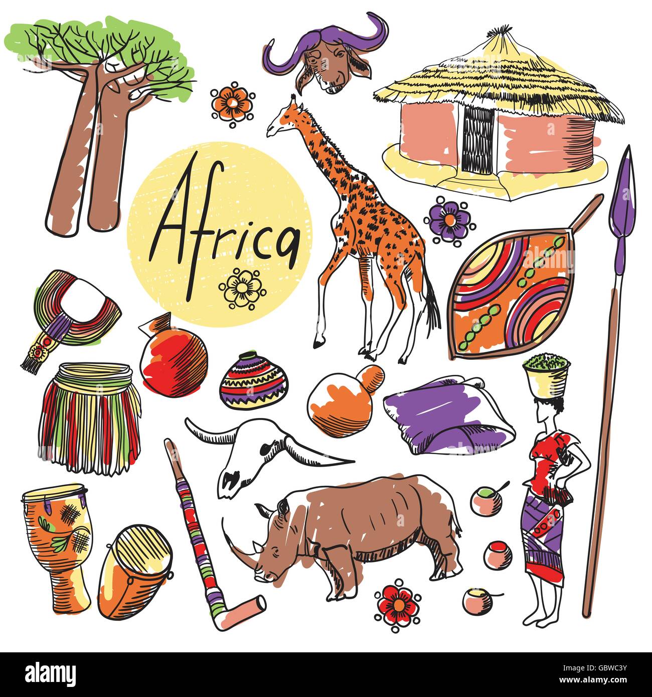Set di vettore di attrazioni turistiche Africa. Illustrazione Vettoriale