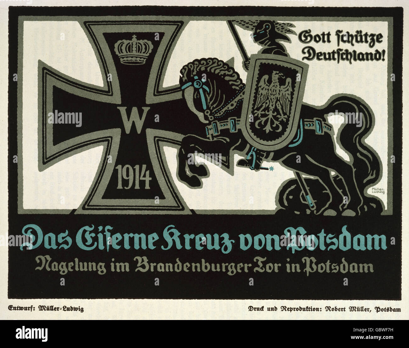 Eventi, prima guerra mondiale / prima guerra mondiale, propaganda, Germania, 'Das Eiserne Kreuz von Potsdam' (la Croce di ferro di Potsdam), poster di Mueller-Ludwig, 1914, diritti aggiuntivi-clearences-non disponibile Foto Stock