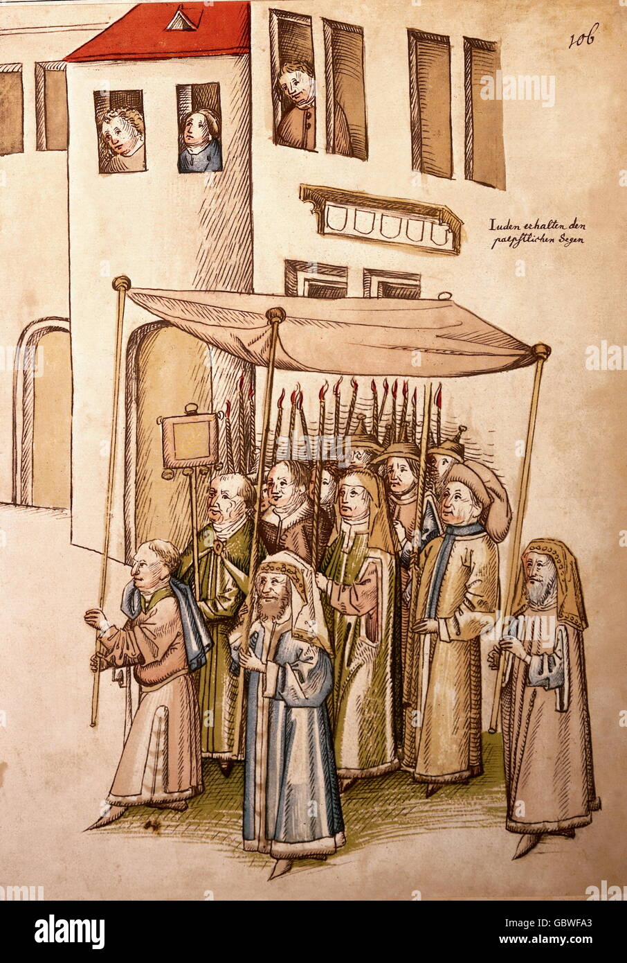 Giudaismo, ebrei che ricevono benedizione papale durante il concilio di Costanza, 1414 - 1418, miniatura, cronaca di Ulrich von Richenthal, 1483, 15 ° secolo, storico, Costanza Rossartenmuseum, processione con baldacchino, candela, candele, Papa, Papa cattolico, Pontefice, Pontefici, Medioevo, religione, medievale, persone, diritti aggiuntivi-chiarezze-non disponibili Foto Stock