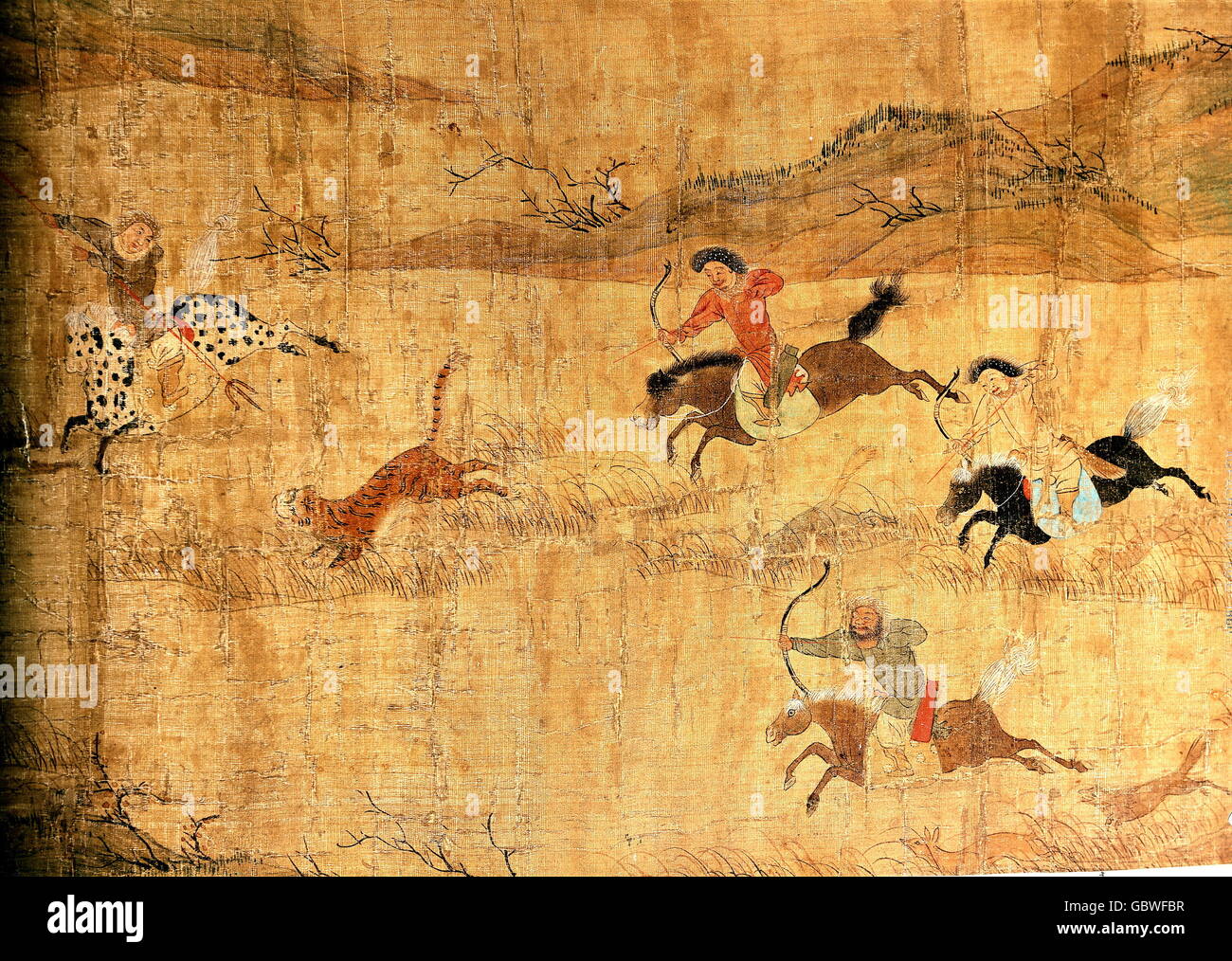 Belle arti, Cina, Dshau Tse Nag (1265 - 1307), battuta di caccia dell'imperatore Tomor, scorrere la pittura, pittura su seta, circa 1300, 308x42 cm, Dinastia Yuan, collezione privata, Foto Stock