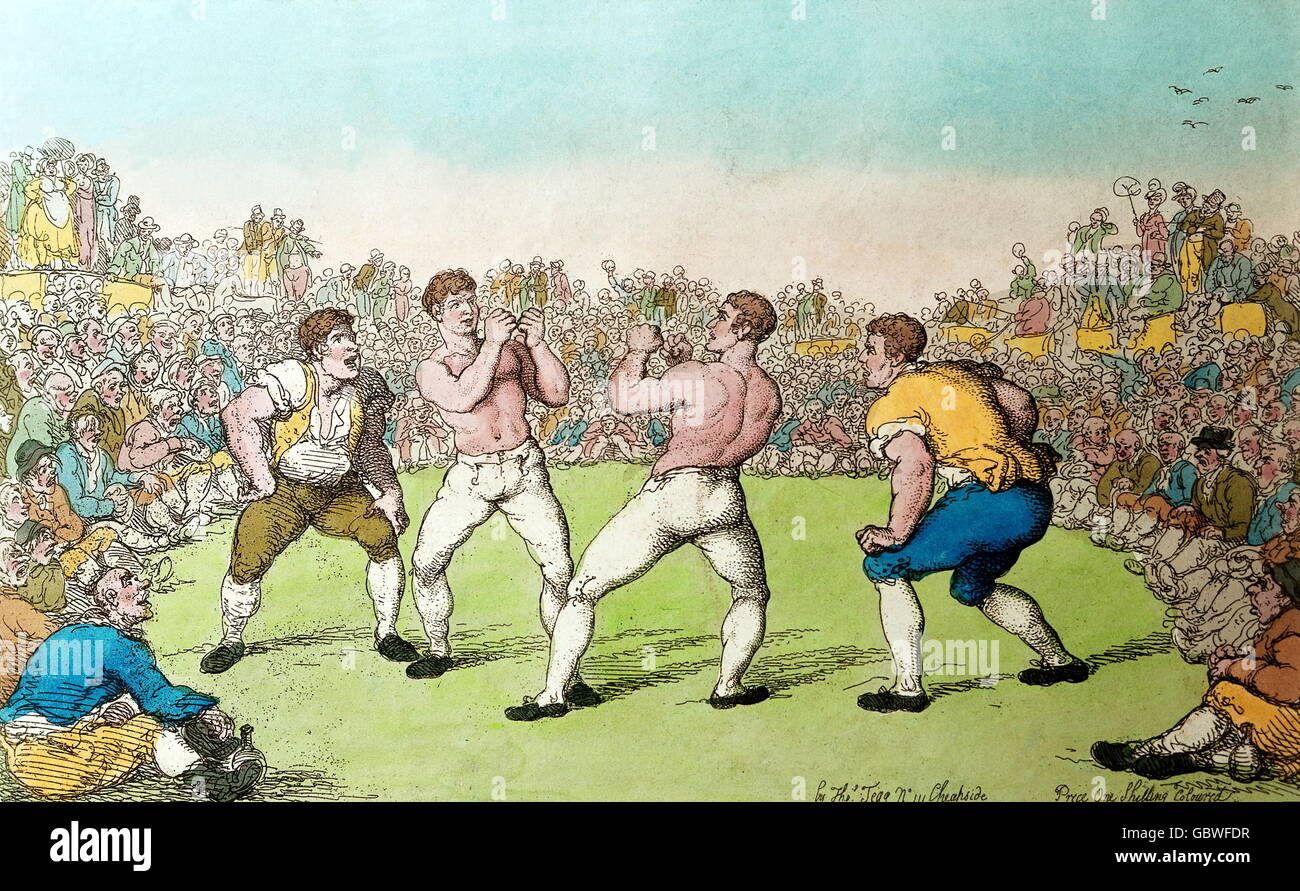 Sport, boxe, boxe match, 'Boxing Match for 200 Guineas', combatti oltre 49 round su 31.5.1810 a Moulsley Hurst, Inghilterra, colored etching, collezione privata, Additional-Rights-clearences-not available Foto Stock