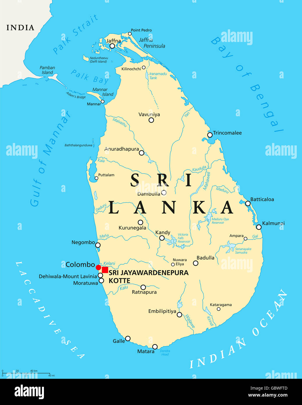 Sri Lanka mappa politico con capitelli Sri Jayawardenepura Colombo e Colombo, importanti città, fiumi e laghi. Ceylon. Foto Stock