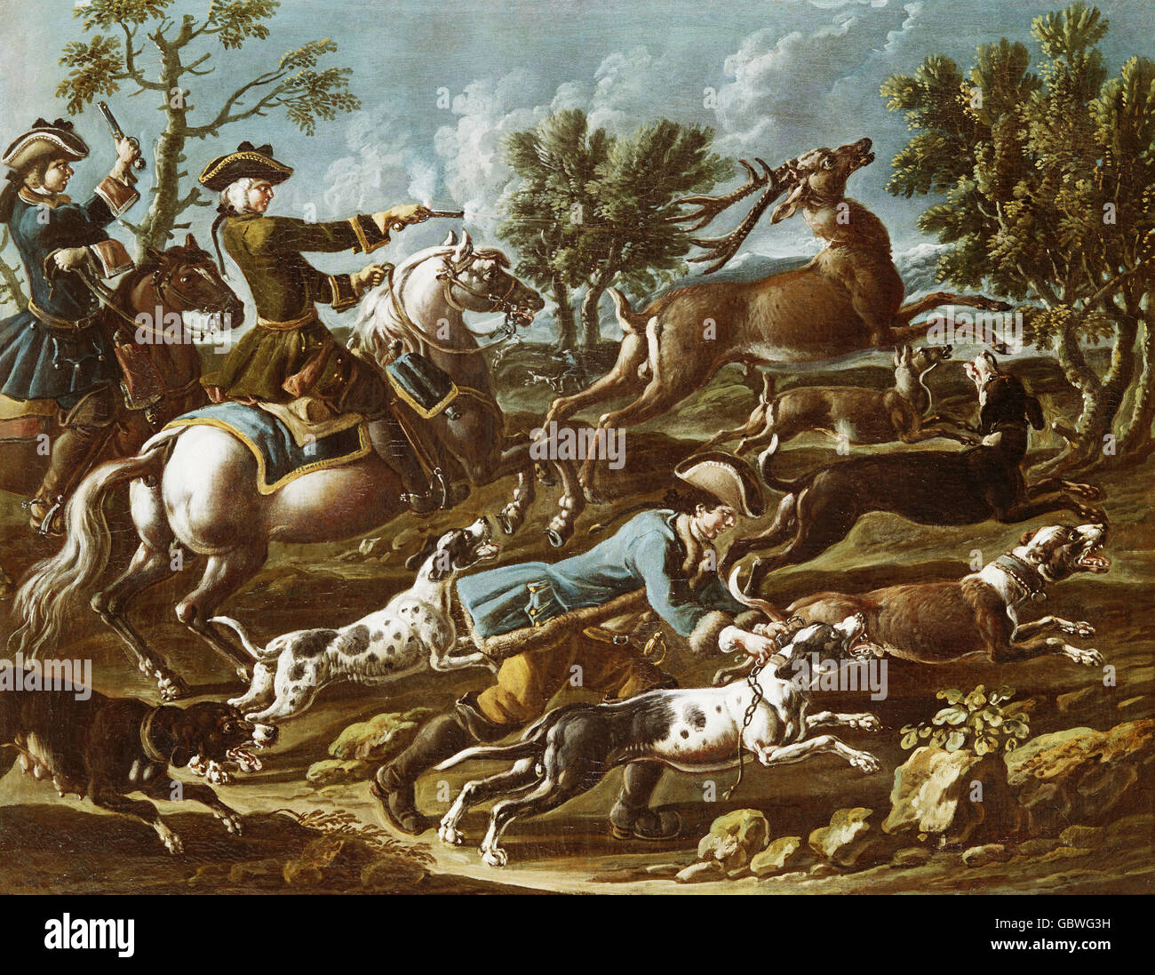 Caccia, cervi, cacciatori a cavallo con pistole, pittura, sconosciuto master dall'area del Danubio, 1740 circa, artista del diritto d'autore non deve essere cancellata Foto Stock