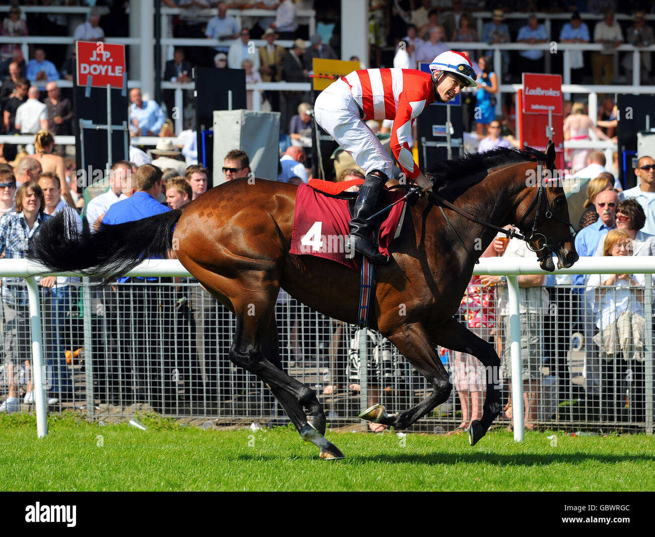 Corse ippiche - Haydock Park. Il jockey Steve Drowne su Doncaster Rover va a postare nel J.W. Lees Sandy Lane Stakes Foto Stock