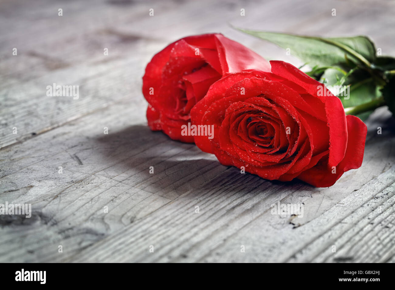 Rose rosse su sfondo di legno Foto Stock