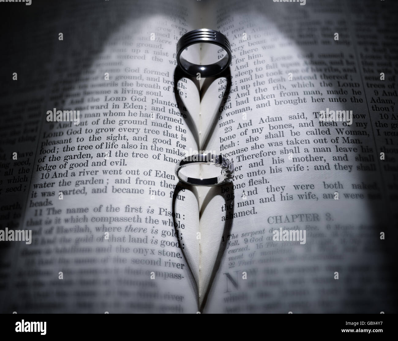 Gli anelli di nozze di colata a forma di cuore ombra sulla Bibbia Foto Stock