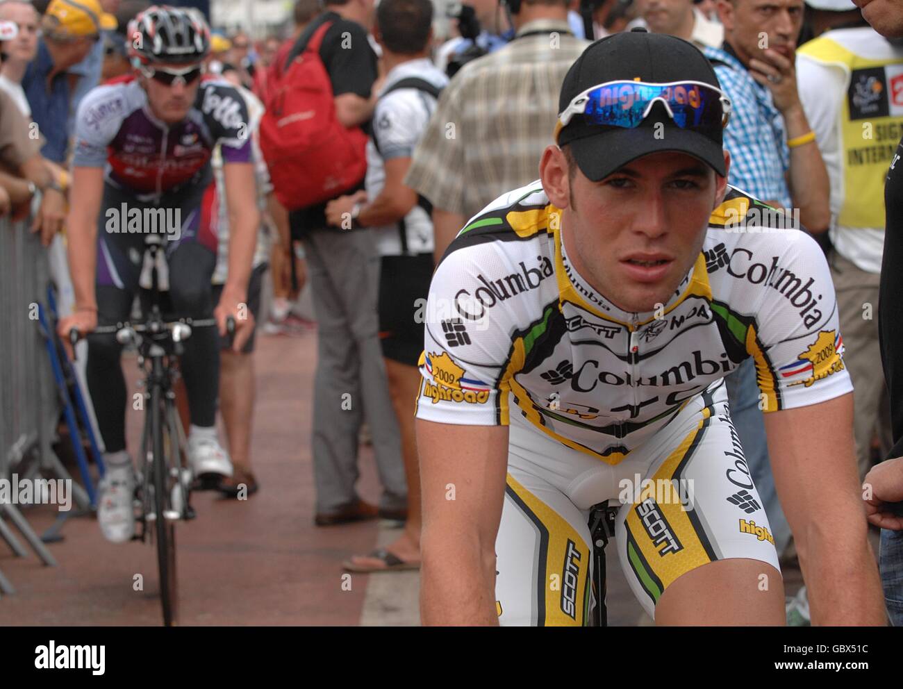 Mark Cavendish di Columbia prima della sua corsa nelle prove cronometrate individuali durante il Tour de France a Monaco. Foto Stock