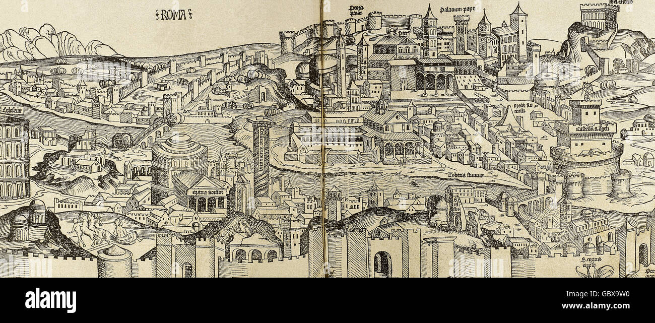 L'Italia. Roma. La città nel XVI secolo e il fiume Tevere. Incisione. Foto Stock