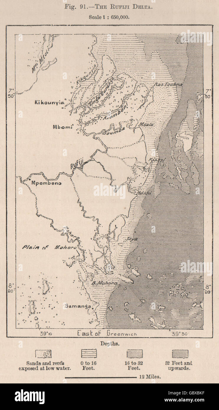 Il Rufiji Delta. Tanzania. Il tedesco in Africa orientale, 1885 Mappa antichi Foto Stock