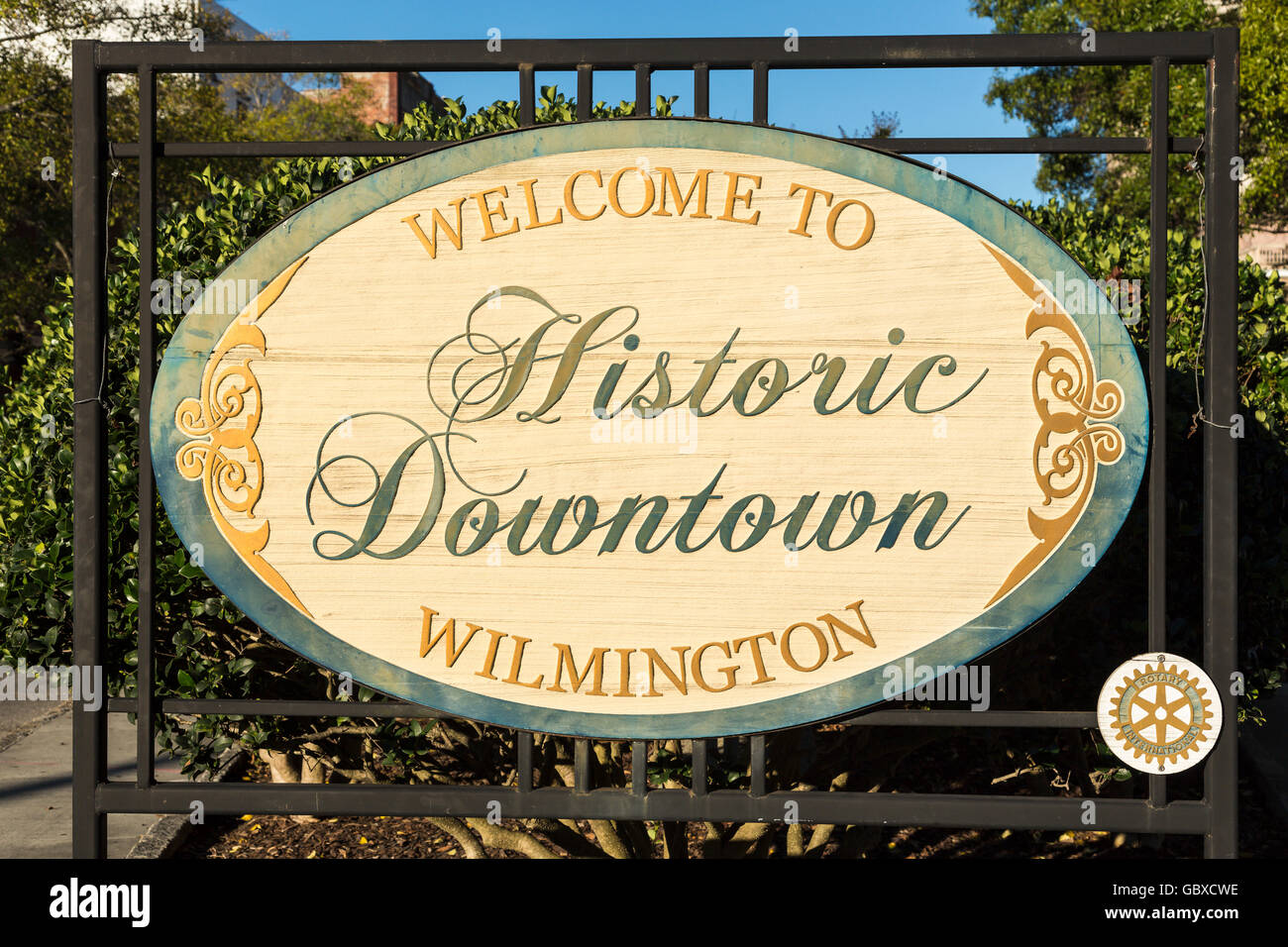 Benvenuti al centro storico di Wilmington segno, NC, Stati Uniti d'America Foto Stock