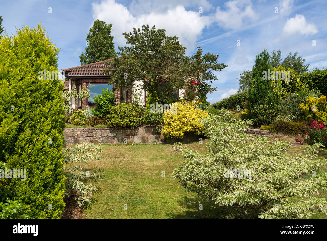 Bungalow, casa e giardino frontale in estate, Inghilterra Foto Stock