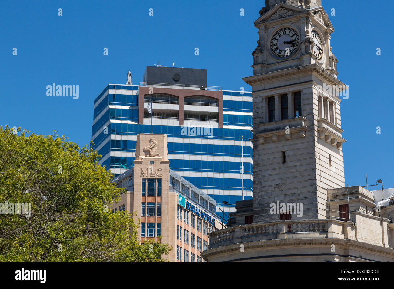 Auckland civic center, il municipio e il MLC edificio, Nuova Zelanda Foto Stock