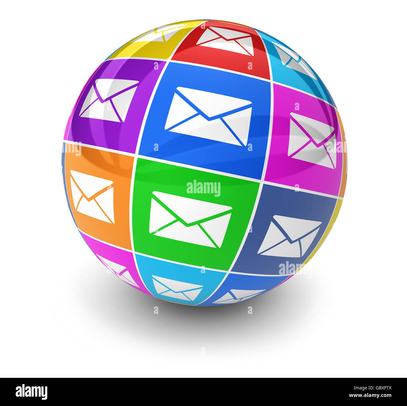 Web marketing e-mail e sito Internet newsletter concetto con un globo e icona e-mail 3D'illustrazione su sfondo bianco. Foto Stock