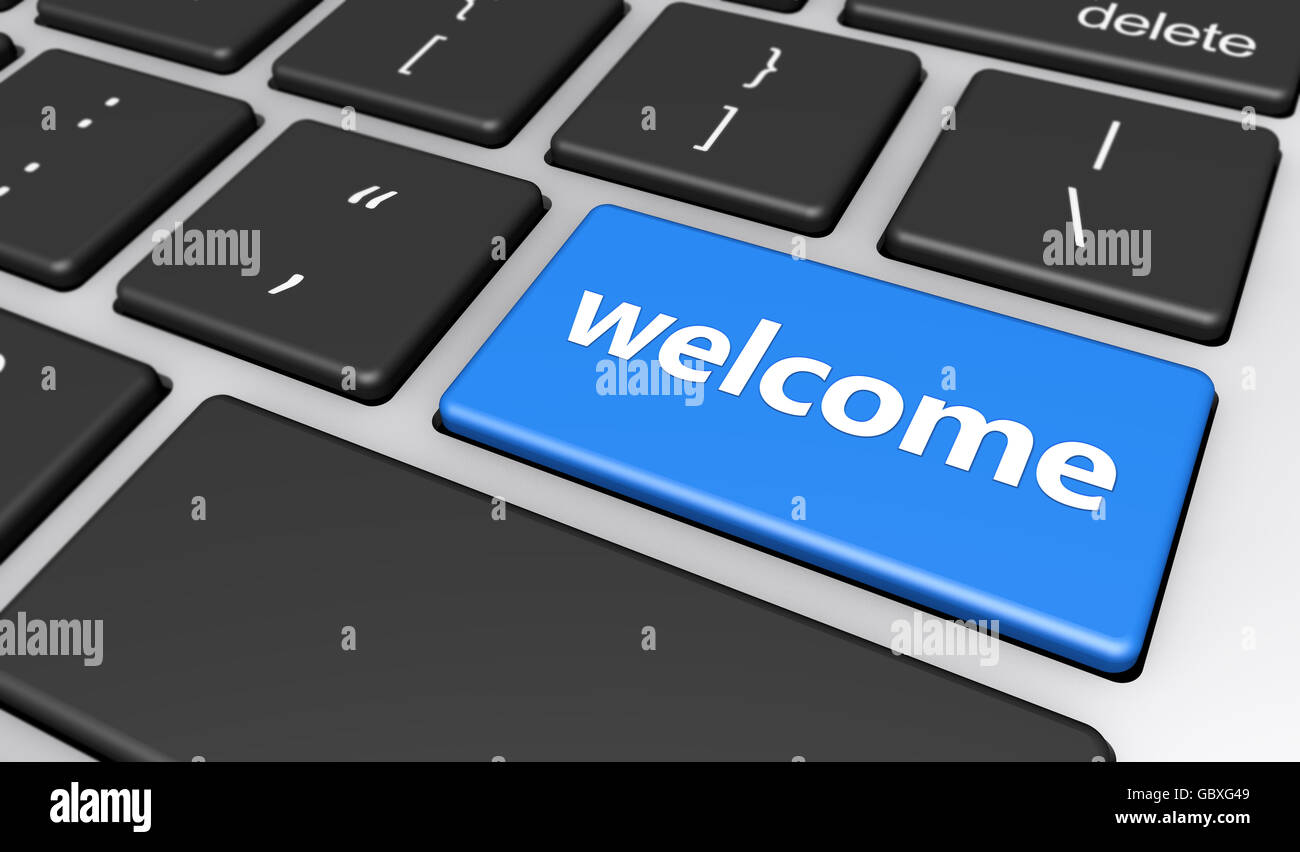Accogliente sito e blog concetto con segno di benvenuto e di parola su un blu chiave computer 3D'illustrazione. Foto Stock