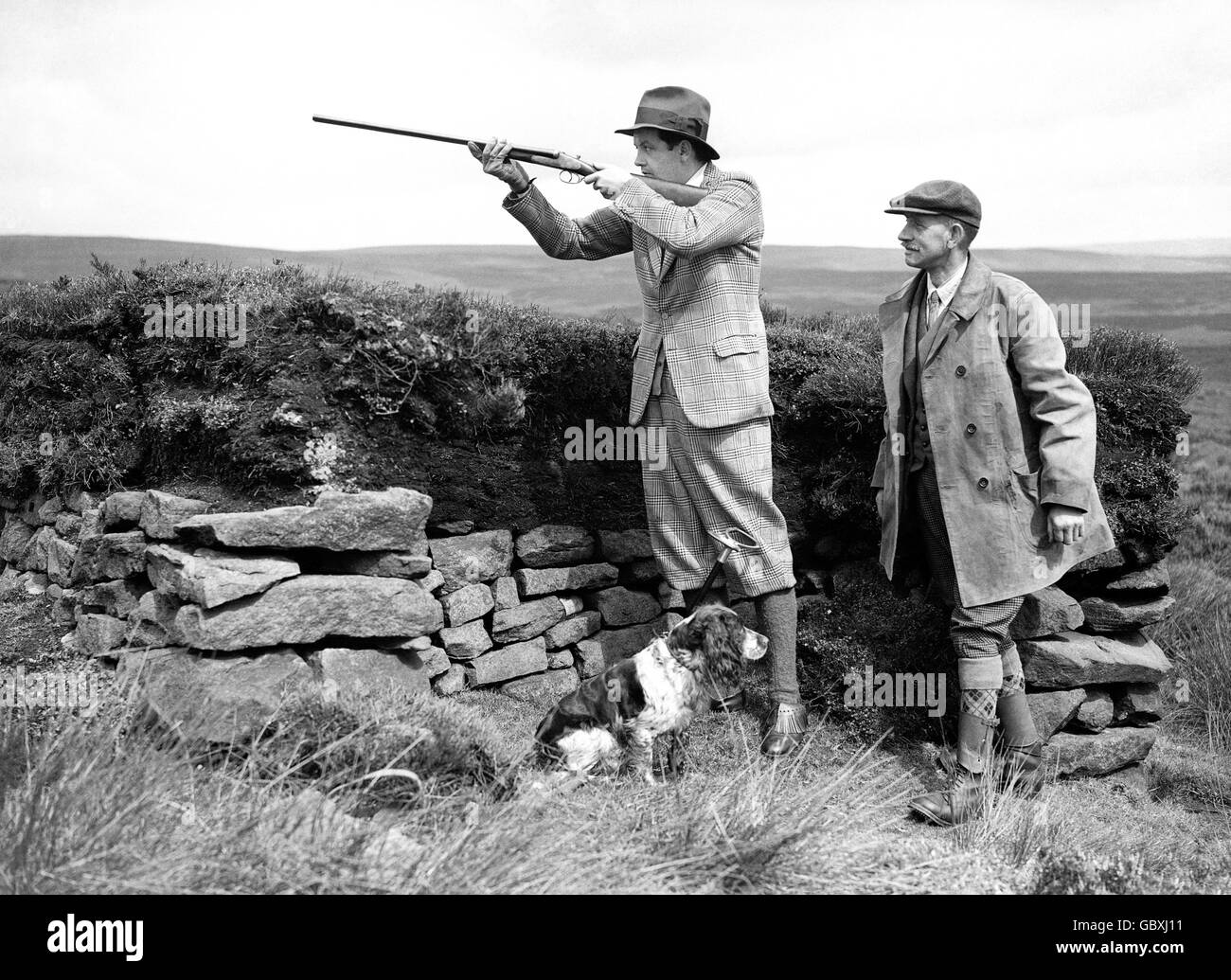 Il duca di Devonshires Grouse Shooting Party su Bolton Abbey Moors; l'onorevole Robert Cecil prende un colpo, accompagnato dal suo caricatore e un re Charles Spaniel. Foto Stock