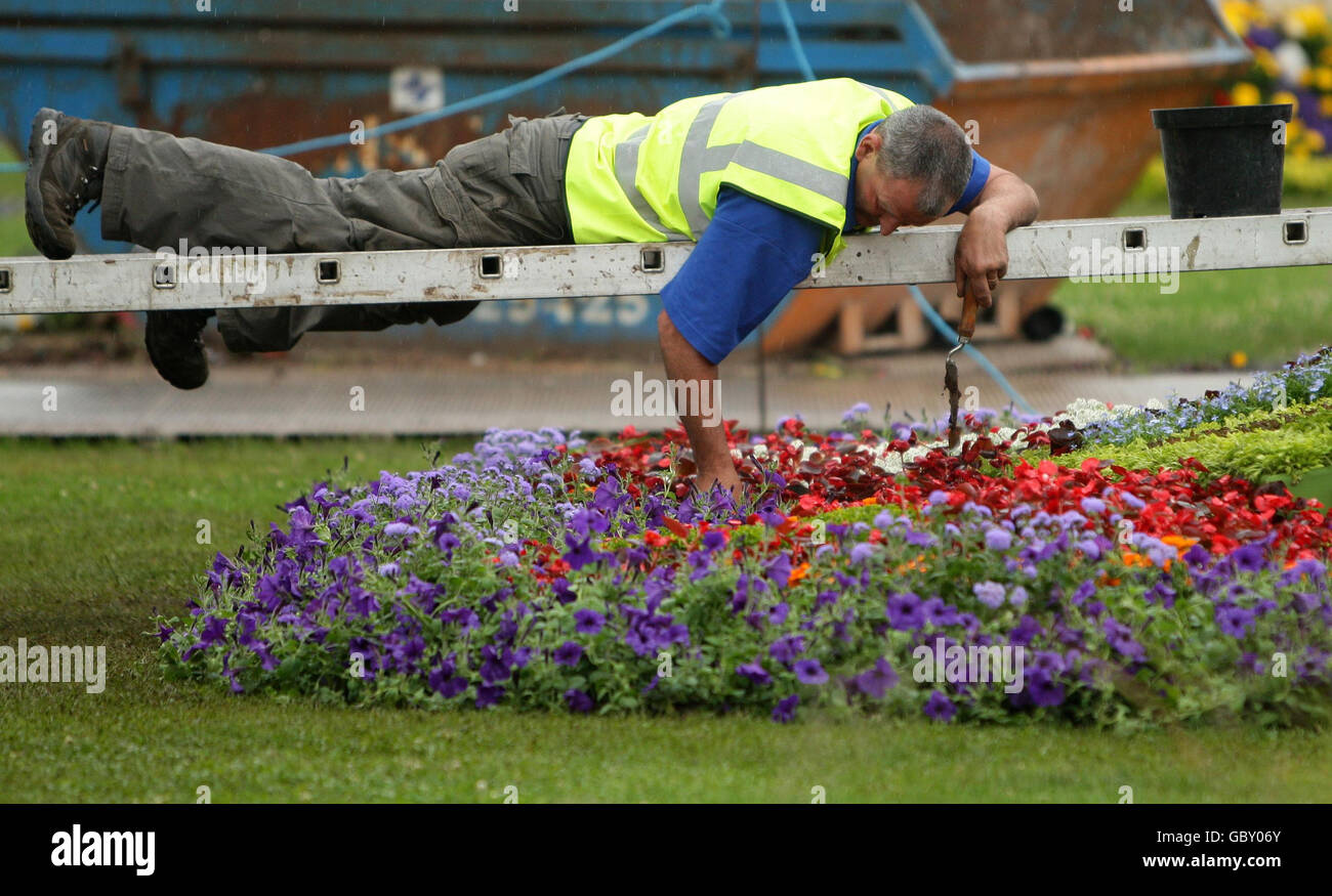 Un espositore tende alla sua esposizione al RHS Show di Tatton Park, Cheshire. Lo spettacolo inizia domani e si svolge fino al 26 luglio. Foto Stock